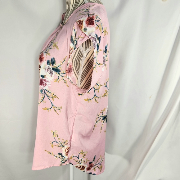 Designer Pink Floral Petal Sleeves Pleated Front Neckline Button Neck Top XLarge - Picture 3 of 9